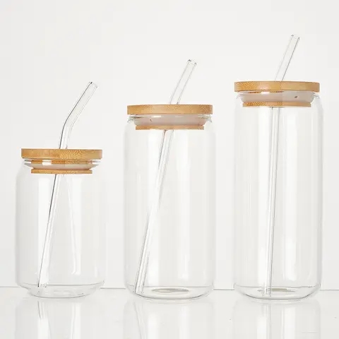 12oz 16oz Glass Beer glass cup Pop Can with Bamboo Lid Straw Set  in Household