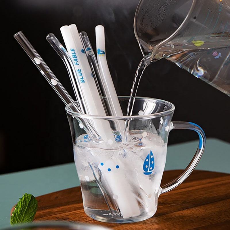 Manufacturer custom blue logo color printing made bent glass drinking straw