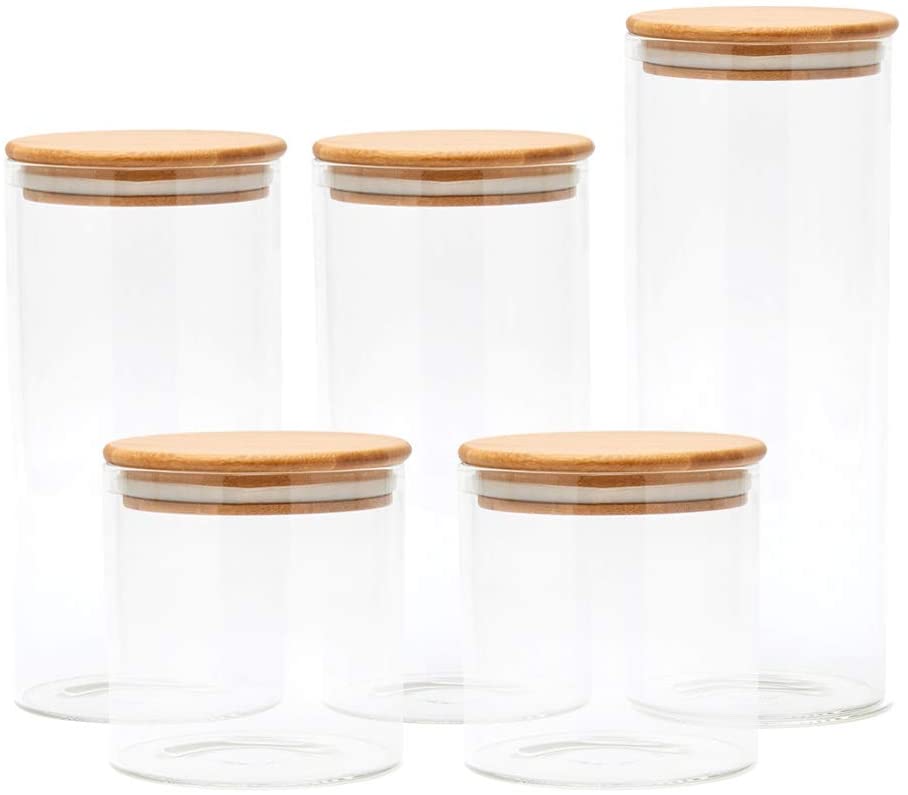5 Piece Kitchen Food Storage Container Set Glass Food Storage Jars with Bamboo Lids