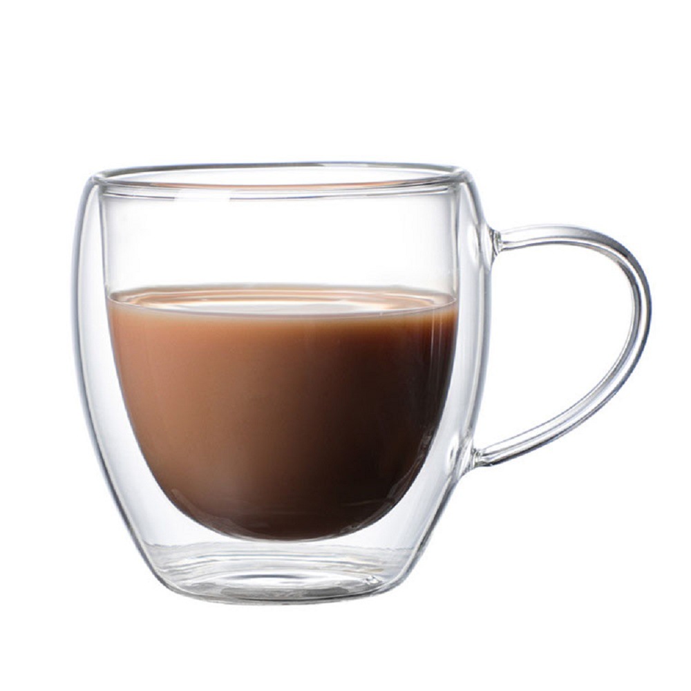Tropical resistant handle double layer glass cup, high borosilicate logo printable creative office cup